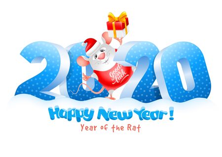 Volumetric digits 2020 in the snow and cute fun rat, zodiac symbol of the 2020 Year, with gift box. Cheerful inscription Happy New Year. Vector illustration.のイラスト素材