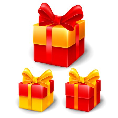 Set of festive gift boxes with chic bow painted in different colors, isolated on white background. Realism style. Vector illustration.のイラスト素材