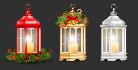 Set of Christmas and New Year lantern with burning candles inside. Red, golden and silver colors, decorated with christmas decor such as fir tree branches, cones, holly berry etc. Vector illustration.のイラスト素材