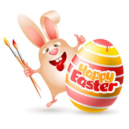 Cute and cheerful Easter bunny with art paint brushes, laughs and paints an egg in different colors. Vector illustration.のイラスト素材