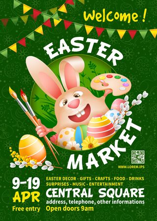 Easter Market poster template. Advertising banner for holiday fair with colored Easter eggs, smiling cartoon bunny, several elements of Easter celebration and space for text. Vector illustration.のイラスト素材