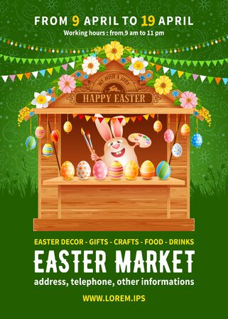 Easter Market poster template. Advertising banner for holiday fair with wooden stall decorated by flowers and colored Easter eggs, cartoon smiling bunny and space for text. Vector illustration.のイラスト素材