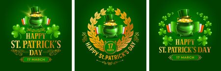 Saint Patricks day design. Set of three greeting cards for Patricks day, Irish holiday, with shamrock leaves, leprechauns treasure, golden coins in the pot on green background. Vector illustration.のイラスト素材