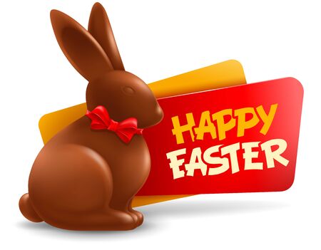 Happy Easter festive label or badge with chocolate bunny, delicious sweet gift to Easter holiday. Vector illustration. のイラスト素材