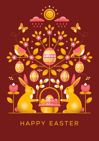 Easter greeting card with ornament in unusual style. Has dot texture, easy to use and modify. Easter bunnies with festive basket, sitting under blooming tree, decorated with colored eggs. Vector.のイラスト素材