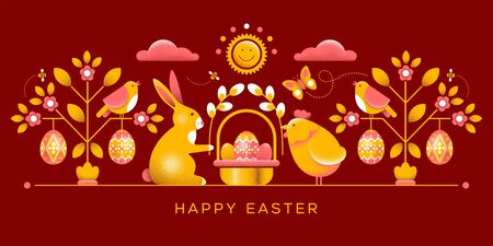 Easter greeting card with ornament in unusual style. Has dot texture, easy to use and modify. Easter bunny and chicken with festive basket, are sitting under tree, decorated with colored eggs. Vector.のイラスト素材