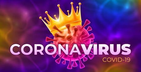 Banner design Covid-19. Coronavirus disease outbreak, dangerous SARS epidemic. Realistic viral cell with golden crown on blurred multicolored background. 2019-nCoV concept. Vector illustration.のイラスト素材