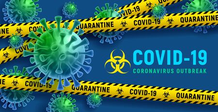 Covid-19. Coronavirus disease outbreak. Banner design with volumetric virus cells behind of danger tape on classic blue background. 2019-nCoV quarantine warning concept. Vector illustration.のイラスト素材