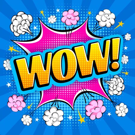 Comic speech bubble, like an explosion, with expression word Wow. Bright dynamic cartoon design in retro pop art style with halftone effect. Vector illustration.のイラスト素材