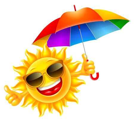 Fun Summer sun cartoon character holds multicolored umbrella. Wears sunglasses, cheerful laughs. Shows thumbs up. Design element for UV protection concept or other ideas. Vector illustration.のイラスト素材