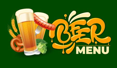 Beer menu header for drink and food establishments. Unique lettering, beer glass and snacks. Suitable for any design on beer theme. Isolated vector illustration.のイラスト素材