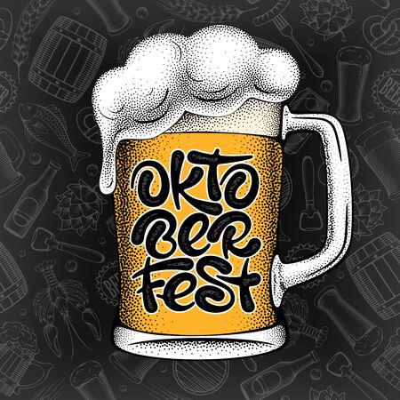 Oktoberfest handwritten inscription. Unique lettering on the beer mug for traditional beer festival. Pattern with different subjects on beer theme on background. Vector illustration.のイラスト素材