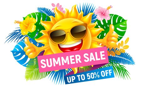 Advertising design about Summer Sale at the end of season. Invitation for shopping with 50 percent off. Cheerful sun, tropical leaves and flowers. Isolated on white background. Vector illustration. のイラスト素材