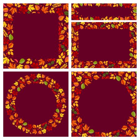 Set of backgrounds for banners, cards, flyers etc, with frames which consist of colorful autumn leaves. Vector illustration.のイラスト素材