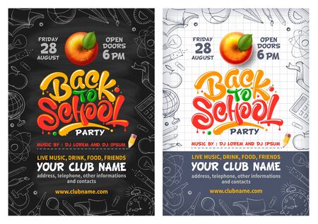 Back to School party posters with red apple and lettering Back to school. Handwritten school subjects in doodle style as frame around. Chalkboard and checkered paper on backdrop. Vector illustration.のイラスト素材