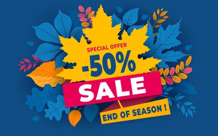 Advertising banner about Autumn Sale at the end of season with bright fall leaves. Invitation for shopping with 50 percent off. Trendy style, classic blue background. Vector illustration. のイラスト素材