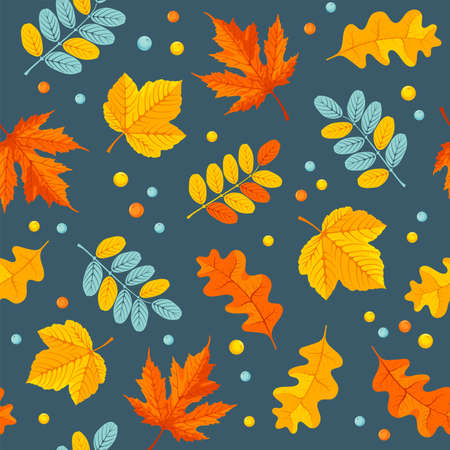 Floral seamless pattern with autumn leaves of oak, maple and other. Cute texture in cartoon style. Can be easily used for wallpapers, surface fills, package paper etc. Vector illustration.のイラスト素材