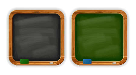 Black and green square school blackboards with chalk and sponge. Wooden frame with rounded corners. Graphic element for any school designs and concepts. Vector illustration.のイラスト素材
