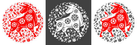 Set of round designs or labels for Chinese New Year 2021, year of the Ox. Traditional silhouette of Ox and floral ornament. Paper cut style. Several color variations. Vector illustration.のイラスト素材