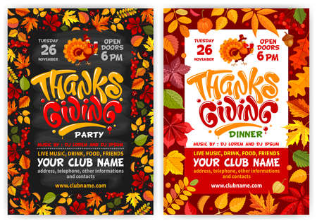 Set of flyers or posters vector templates for Thanksgiving. Black chalkboard and red background with autumn leaves frame. Cheerful turkey, calligraphic inscription Thanksgiving and space for your textのイラスト素材