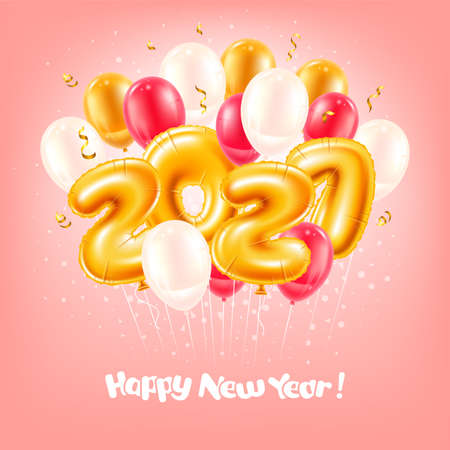 Golden foil inflatable toy balloons in numbers shapes, make up 2021. Realistic digits and balloons on pink background with tinsel. Design for New Year, Christmas or other event. Vector illustration.のイラスト素材