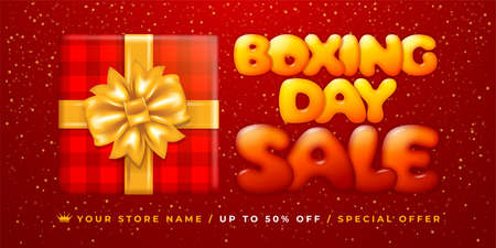 Advertisement for Christmas sale campaign. Bright Promotional design for store. Boxing day celebration on seasonal winter Xmas holidays. Gift box with gorgeous bow and lettering on red backgroundのイラスト素材