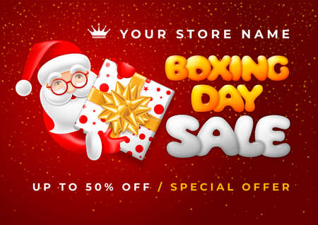 Advertisement for Christmas sale campaign. Bright Promotional design for store. Boxing day celebration on seasonal winter Xmas holidays. Santa Claus hold gift box with bow. Lettering on red backgroundのイラスト素材