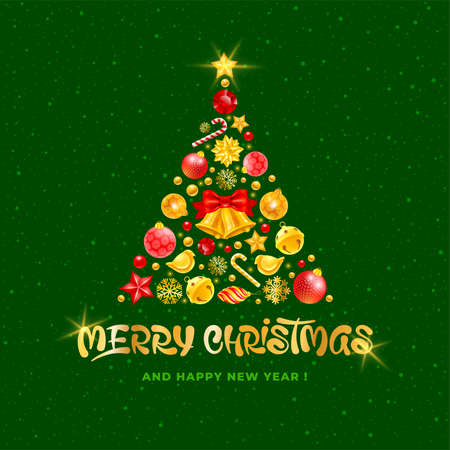 Merry Christmas and Happy New Year greeting card with fir tree, made of christmas decorations and unusual golden lettering. Elegant design for Xmas celebration. Snowflakes on green background. Vector.のイラスト素材