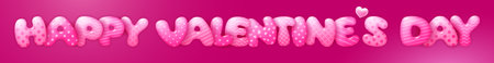 Happy Valentines Day cute lettering on pink background. Convex letters with patterns, beautiful element for any designs for 14 February. Horizontal orientation for web banners. Vector illustration.のイラスト素材