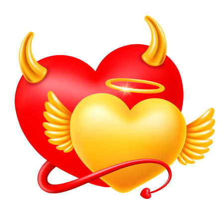 Realistic devil heart with horns and tail and angel heart with halo and wings. Red and golden colors. Conceptual design for Valentines day or other life events. Isolated vector illustration .のイラスト素材