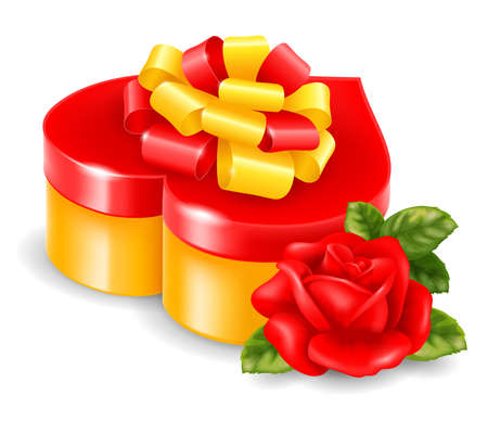 Realistic gift box in heart shape, red, golden colors with gorgeous bow and red rose with leaves. Surprise for valentines day, wedding, holidays and other events. Isolated vector illustrationのイラスト素材