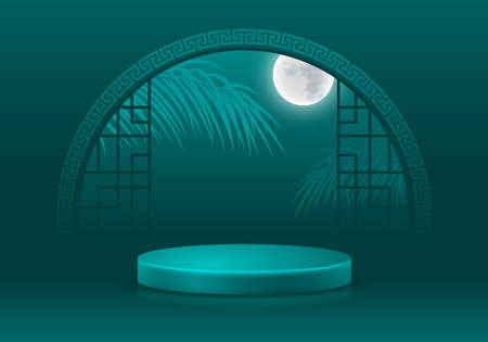 Asian style 3D scene with products display podium. Template for products advertising, presentation and promotion. Realistic pedestal on classic teal background with arch window. Vector illustration.のイラスト素材