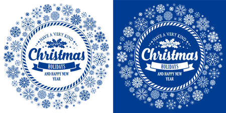 Merry Christmas and Happy New Year greeting cards set. Elegant circle frame with snowflakes and cute lettering. Vector illustration.のイラスト素材