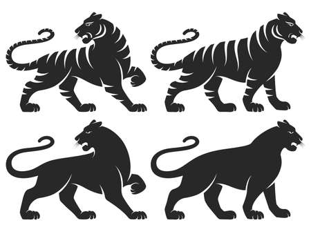 Set of stylized silhouettes of standing in different poses tigers. Isolated on white background. Tiger designs set. With stripes and without. Chinese zodiac symbol of new 2022 year. Vector.のイラスト素材