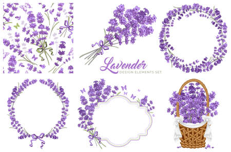 Set of vintage floral design elements with lavender flowers. Circle frame, seamless pattern, bouquet, label template and flowers in the basket. Vector illustration.のイラスト素材