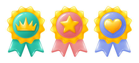 Glossy icons set with golden heart, star and crown symbols on medal with ribbon. 3d convex minimalist style. Rating or status signs, customers feedback, like. Mark for sales leader. Vector.のイラスト素材