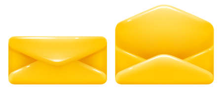 Postal yellow open and closed envelope in 3d minimalist style. Bright glossy and convex mail icon isolated on white background. Vector illustration.のイラスト素材