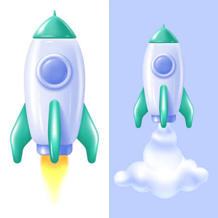 Space Rocket launch and fly. 3d illustration in minimalist style. Bright icon isolated on white. Concept of successful business project start up or development process. Vector.のイラスト素材