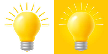 Light bulb in 3d minimalistic style. Inspiration and new creative idea concept. Innovation solution of task in business. Bright icon, on white and yellow backgrounds. Vector illustration.のイラスト素材