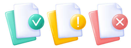 Document icons set with check mark, cross and exclamation sign, 3d minimalist style. Symbols for accepted, decline and attention. Bright, glossy design isolated on white. Vector illustration.のイラスト素材