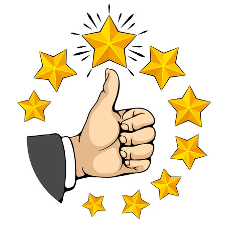 High rating, best seller sign. Man hand show thumb up, like gesture. Many golden stars around. Hand drawn design element. Vector illustration.のイラスト素材