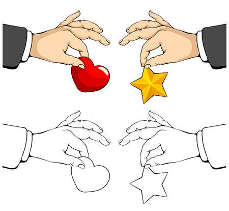 Men hand holds golden star and red heart. Rating signs, users or customers feedback concept. Set of hand drawn design elements. Vector illustration.のイラスト素材