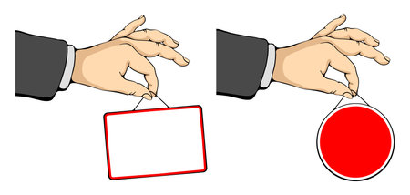 Men hand holds rectangle and circle form signs on the cord. Set of hand drawn design elements with place for text. Vector illustration.のイラスト素材