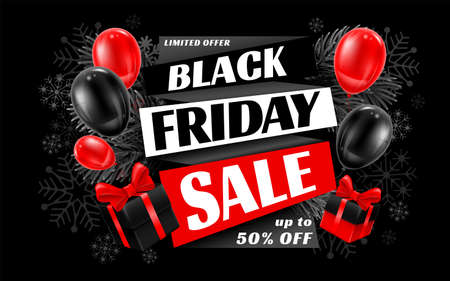 Template for Black Friday Sale advertising banner, poster or flyer. Bright, fun and festive design with balloons and gift boxes. Offer discount on shopping day. Vector illustration.のイラスト素材