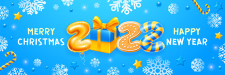 Merry Christmas and Happy New Year 2022. Creative greeting with digits 2022, made of golden foil balloon, gift box with golden bow, gingerbread and candy cane on blue background. Vector illustrationのイラスト素材