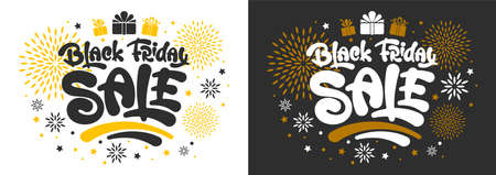 Two Black Friday Sale vector template for advertising banner, poster, flyer etc. Calligraphy lettering on black and white background. Festive design with funny letters, golden decor and gift boxesのイラスト素材