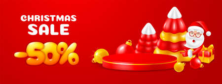 Christmas and New Year holidays sale. Advertising background with round 3d podium for product display. Fir trees, Santa Claus and glossy christmas balls on the red backdrop. Vector illustration.のイラスト素材