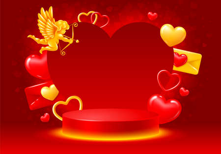 Stage podium or platform for showing product, with backlit, decorated by red hearts, golden cupid and cute valentines. Background template for Valentines Day celebration. vector illustration.のイラスト素材