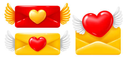 Valentines with hearts. Postal envelopes, open, closed and with wings, in 3d minimalist style. Bright glossy and convex mail icon isolated on white background. vector illustration.のイラスト素材
