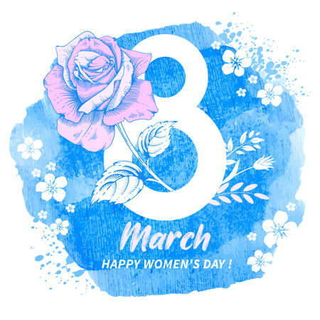 Greeting card for 8 march, International Womens Day, with number 8, congrats text and blooming rose...